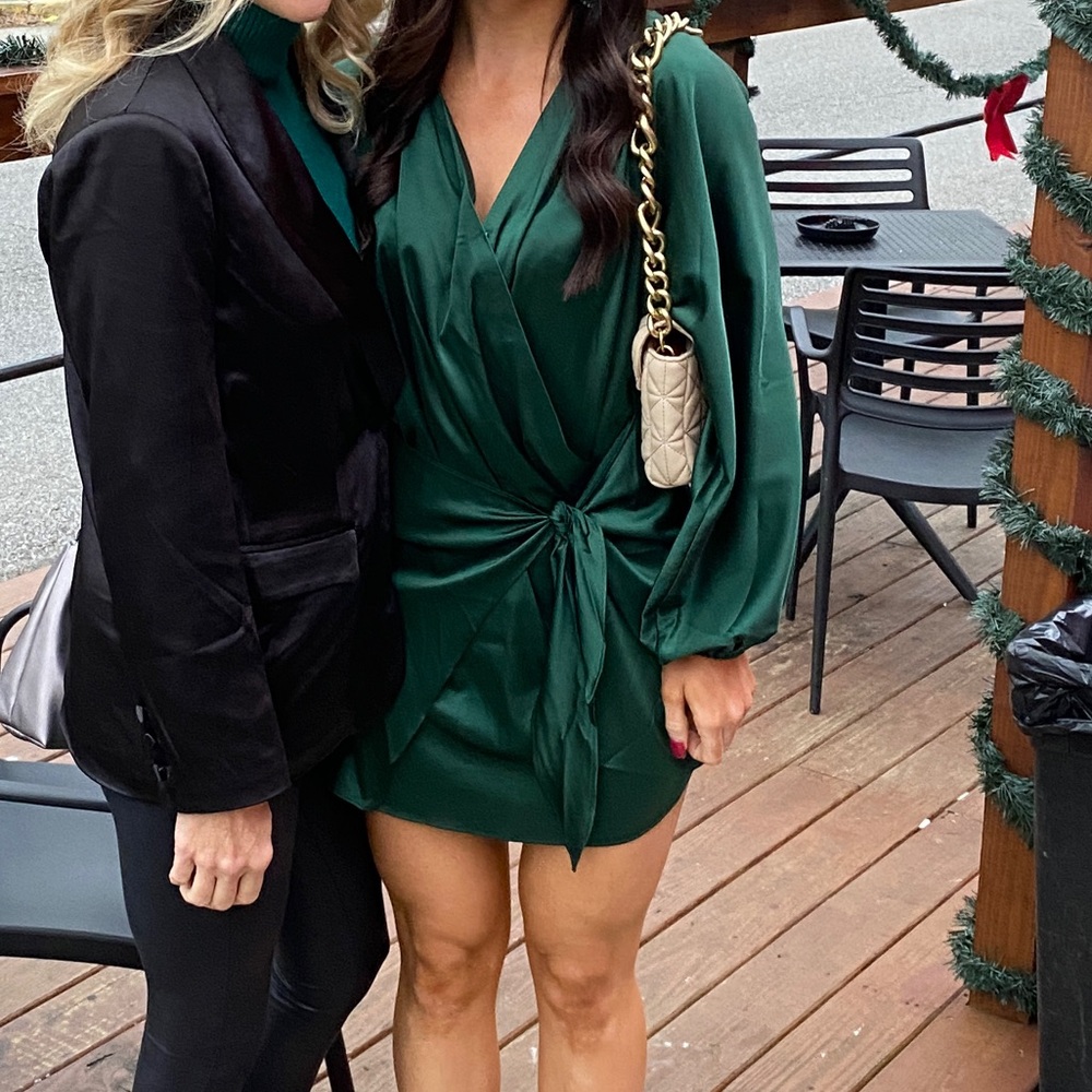 Green satin tie wrap mini dress